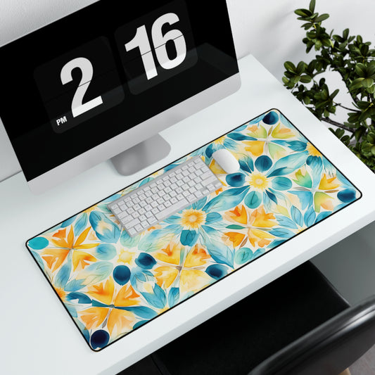 Blue and Yellow Mandala Flower Desk Mat XL: Unique Desk Accessory for Gaming and Office Decor, Extended Mouse Pad