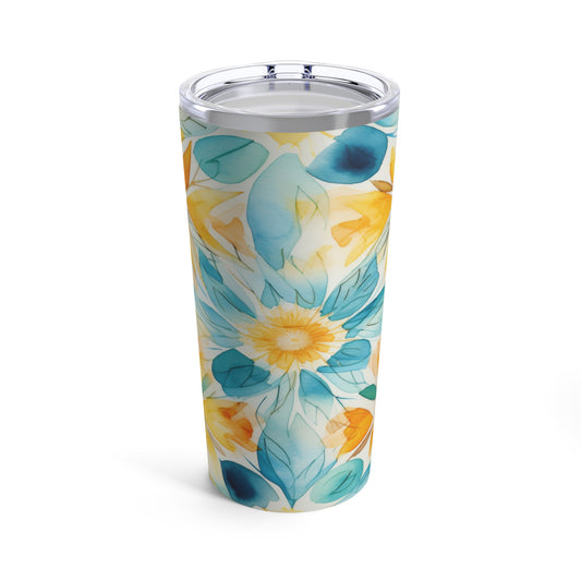 Blue and Yellow Watercolor Mandala Flower Tumbler: 20oz Stainless Steel Insulated Travel Mug for a Serene Sip