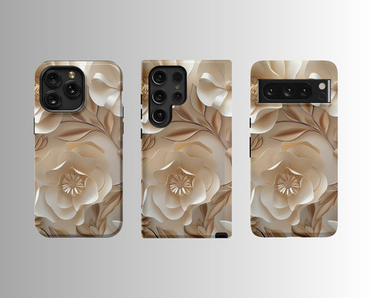 3D Floral Texture Case in Beige & Brown for iPhone 14/15 (MagSafe), Samsung S23/S24 Pixel 7/8 Elegant Protective Design